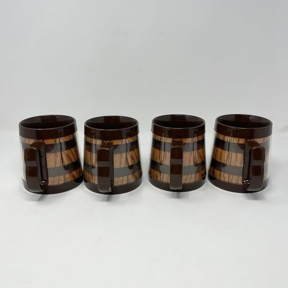 VTG Thermo Serv Insulated Coffee Cups Brown Wood Barrel Stripe Mugs - Set of 4 - Picture 3 of 8
